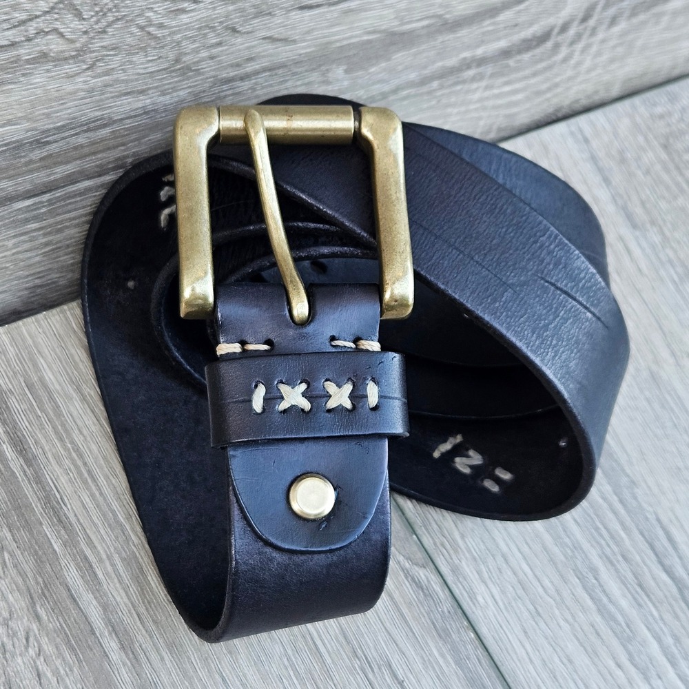 Handmade Black Italian Leather Belt XL Antique Brass Buckle Cross Stitch Rugged